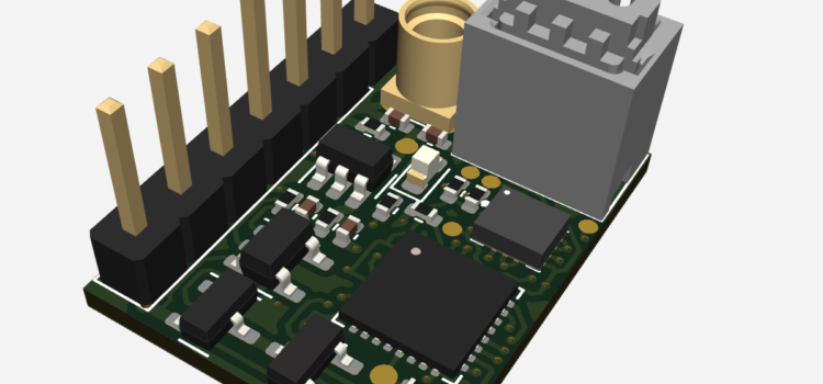 A PCB render of a new wearable prototype device